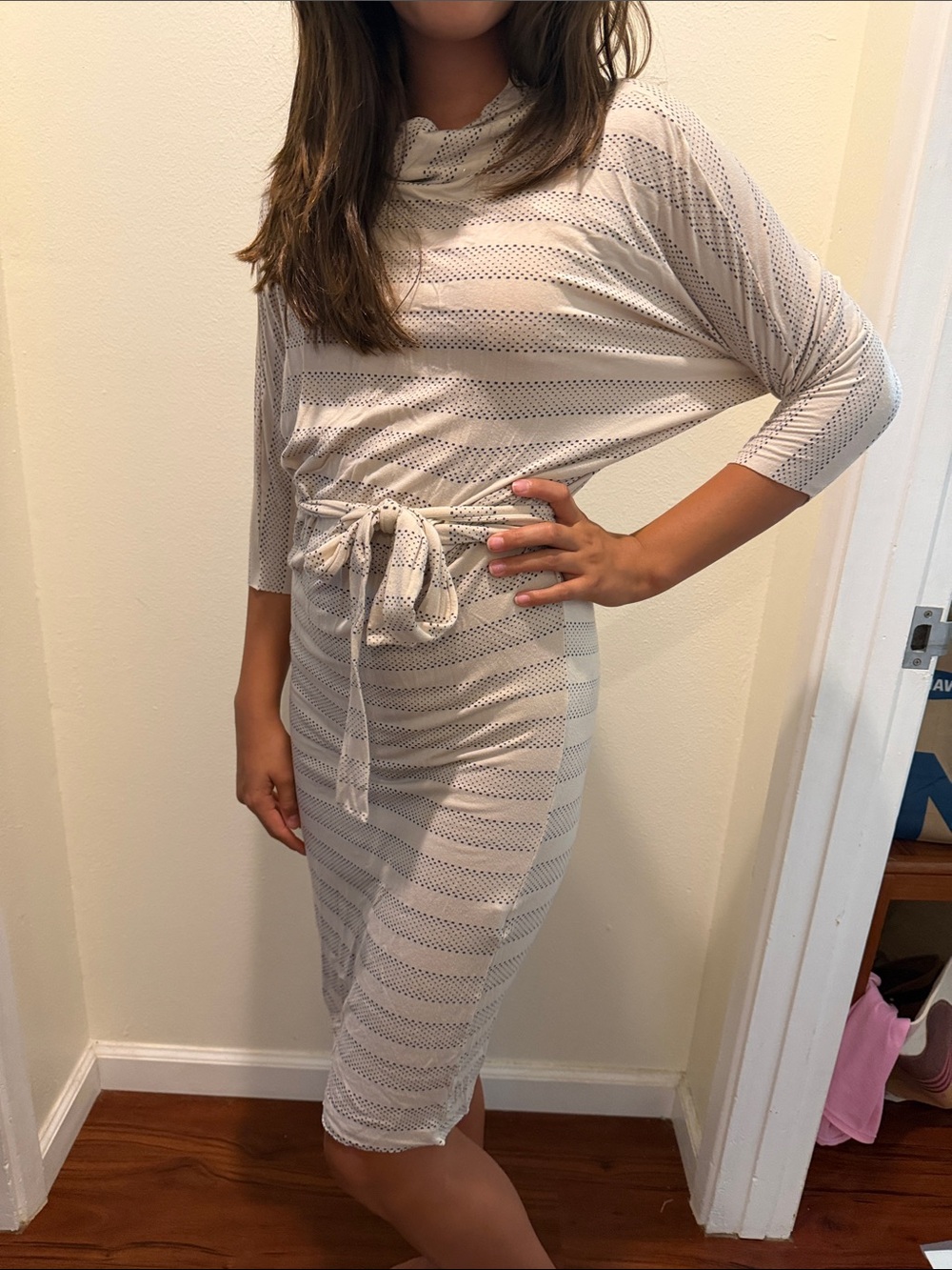 Light Gray Striped Knit Tie-Waist Dress